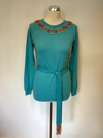 MANOUSH TURQUOISE FLORAL BEADED TRIM & GOLD SEQUINNED TIE BELT JUMPER SIZE M