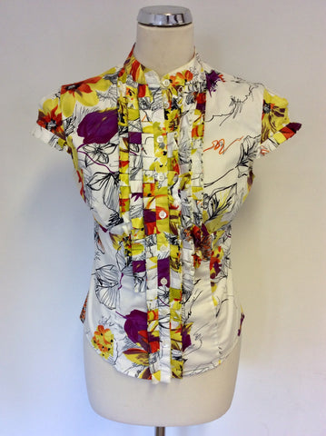 KAREN MILLEN WHITE & FLORAL PRINT CAP SLEEVE SHIRT SIZE 12