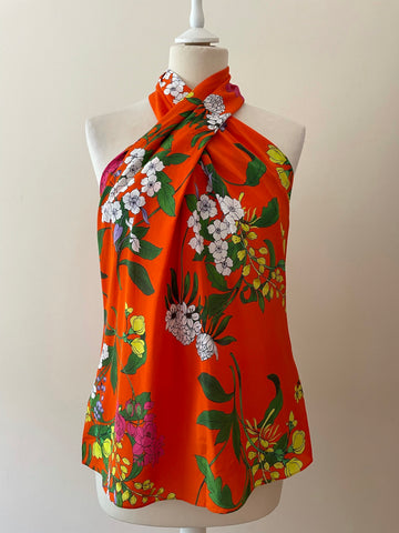 BRAND NEW KAREN MILLEN ORANGE FLORAL PRINT SILK TOP SIZE 12