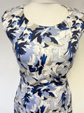 LK BENNETT DENA BLUE,WHITE & GREY PRINT SLEEVELESS PENCIL DRESS SIZE 10