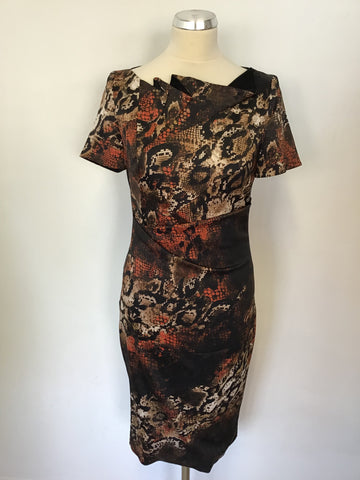 KAREN MILLEN BROWN,IVORY & ORANGE SNAKESKIN PRINT DRESS SIZE 12