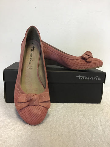 BRAND NEW TAMARIS PINK LEATHER BOW TRIM WEDGE HEELS SIZE 7.5/41