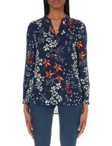 WHISTLES NAVY BLUE,ORANGE & WHITE FORAL PRINT SILK BLOUSE SIZE 12