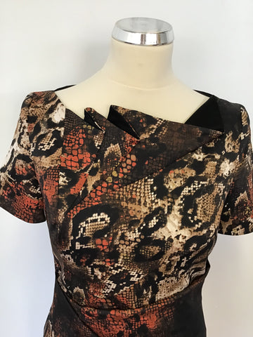 KAREN MILLEN BROWN,IVORY & ORANGE SNAKESKIN PRINT DRESS SIZE 12