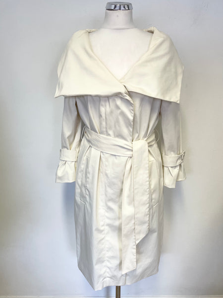 LK BENNETT IVORY COTTON WIDE COLLAR BELTED KNEE LENGTH COAT SIZE 14