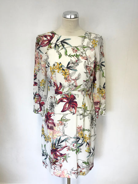 REISS LOTTIE IVORY & MULTI COLOURED FLORAL PRINT 3/4 SLEEVE SILK DRESS SIZE 10