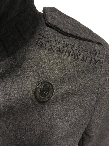 SUPERDRY NAVY LABEL DARK GREY WOOL BLEND CLASSIC P COAT SIZE S