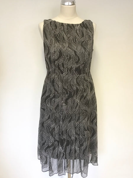 MONSOON GREY & WHITE PRINT SLEEVELESS PLEATED DRESS SIZE 14