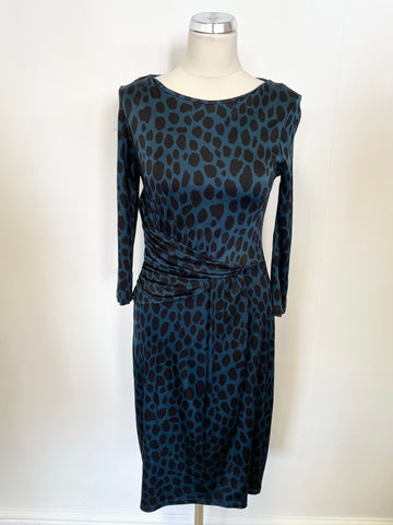 LK BENNETT CELOSIA TEAL & BLACK PRINT 3/4 SLEEVE PENCIL DRESS SIZE 12