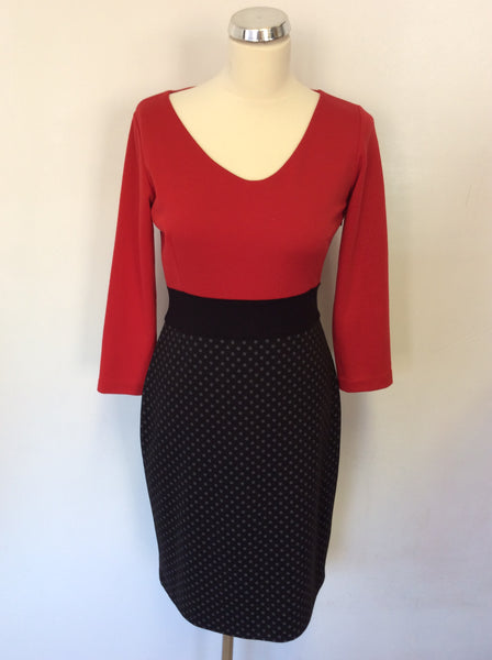 JAMES LAKELAND RED WITH BLACK & GREY SPOT SKIRT STRETCH PENCIL DRESS SIZE 10