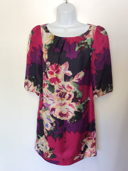 MONSOON MULTI COLOURED FLORAL PRINT SILK SHIFT DRESS SIZE 8