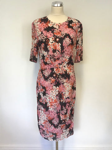 WHISTLES PINK,ORANGE & NAVY PRINT SILK SHORT SLEEVE DRESS SIZE 16