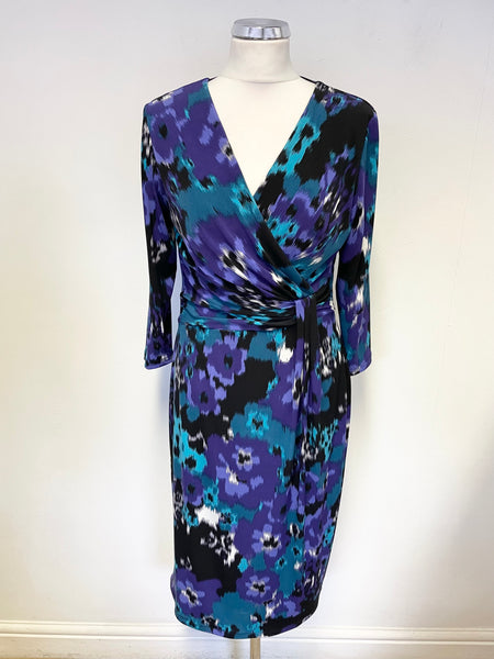 PRÉCIS PURPLE & TURQUOISE V NECK 3/4 SLEEVED PENCIL DRESS SIZE 12