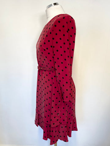 WHISTLES DARK RED & BLACK SPOT SILK 3/4 SLEEVE BELTED TIERED HEM DRESS SIZE 12