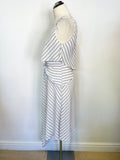 REISS RHONI IVORY & FINE BLACK STRIPE FIT & FLARE ASYMMETRIC HEM DRESS SIZE 12