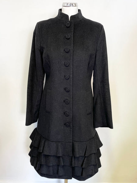 PETER O BRIEN CHARCOAL WOOL & CASHMERE FRILLED TIER TRIM FITTED SINEAD COAT SIZE 10