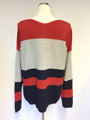 OUI RED, GREY & NAVY STRIPE V NECK JUMPER SIZE 14