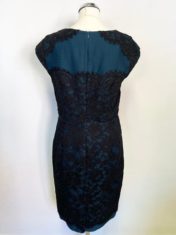 LK BENNETT LAVINIE TEAL & BLACK LACE SPECIAL OCCASION PENCIL DRESS SIZE 10