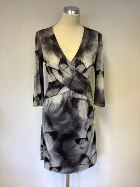 TED BAKER GREY BUTTERFLY PRINT 3/4 SLEEVE DRESS SIZE 2 UK 10/12