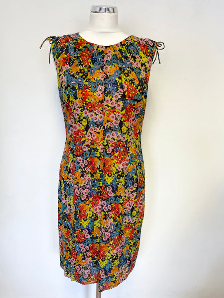 WHISTLES SILK MULTI COLOURED FLORAL PRINT SLEEVELESS TIE SHOULDER PENCIL DRESS SIZE 14