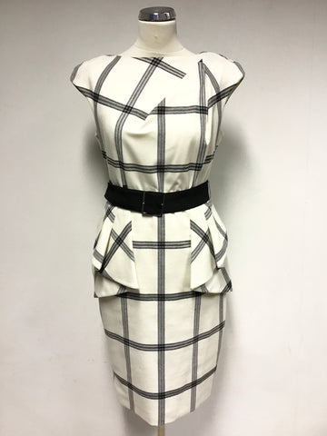 KAREN MILLEN WHITE,BLACK & GREY PEPLUM TRIM BELTED PENCIL DRESS SIZE 12