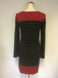 HOBBS RED WITH GREY & BLACK STRIPE LONG SLEEVE KNIT DRESS SIZE M