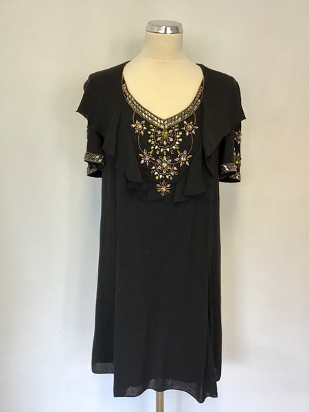 TEMPERLEY BLACK SILK BEADED & JEWEL TRIM SILK SHIFT DRESS SIZE 8