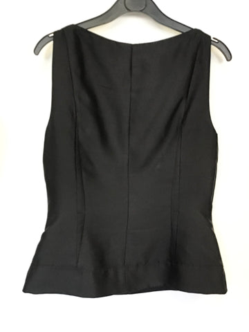 LK BENNETT BLACK SILK & WOOL PLEATED TRIM SLEEVELESS TOP SIZE 10