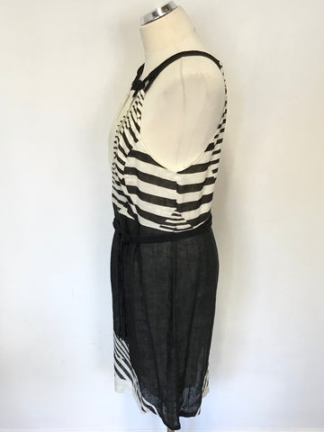 RENE DERHY BLACK & IVORY STRIPE DESIGN LINEN & SILK TRIM SLEEVELESS DRESS SIZE L UK 14