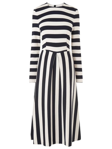 LK BENNETT MARIA NAVY & CREAM BOLD STRIPE JERSEY LONG SLEEVE MIDI DRESS SIZE 12