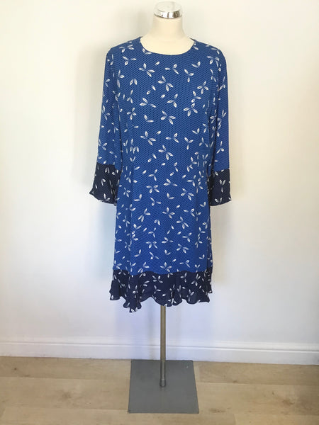 WHISTLES BLUE SPOT & WHITE FLOWER PRINT 3/4 SLEEVE DRESS SIZE 16