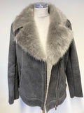 MINT VELVET SLATE GREY FAUX FUR TRIM AVIATOR JACKET SIZE 12