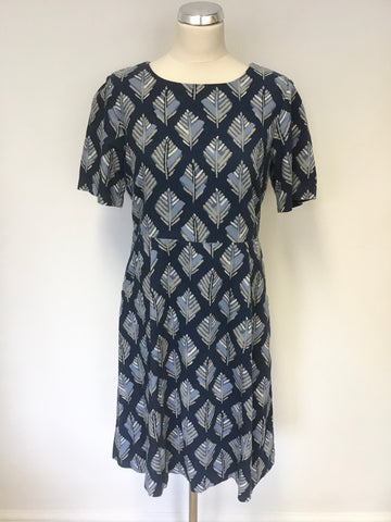 SEASALT CORNWALL BLUE & BEIGE LEAF PRINT SHORT SLEEVE NODDING HEADS DRESS SIZE 12