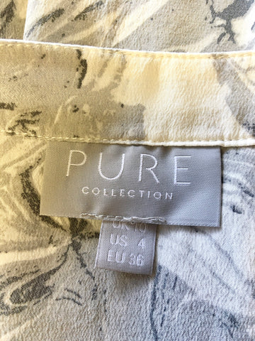 PURE COLLECTION GREY & WHITE PRINT 3/4 SLEEVE SILK BLOUSE SIZE 10