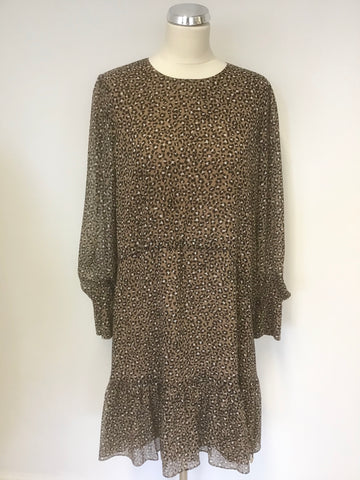 LK BENNETT DAKOTA BROWN ANIMAL PRINT LONG SLEEVE CHIFFON DRESS SIZE 14