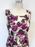 LK BENNETT IVORY BLACK & MAGENTA FLORAL PRINT SLEEVELESS PENCIL DRESS SIZE 12