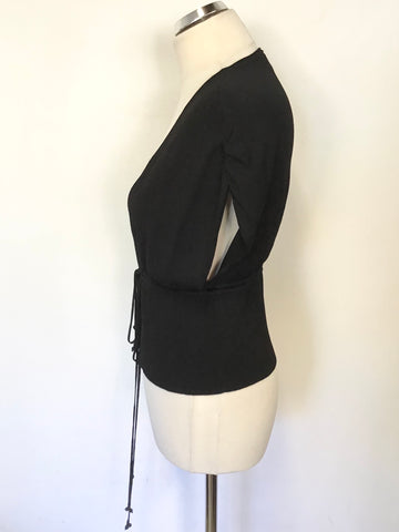 KAREN MILLEN BLACK FINE KNIT CAP SLEEVE TIE FRONT TOP SIZE 3 UK 12