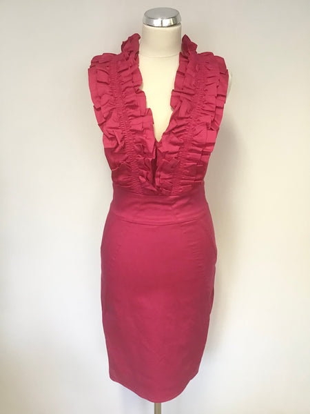 TED BAKER HOT PINK RUFFLE TRIM V NECK SLEEVELESS PENCIL DRESS SIZE 1 UK 8/10