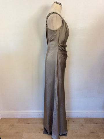 MONSOON SILVER SILK ONE SHOULDER SEQUIN TRIM LONG EVENING DRESS SIZE 12