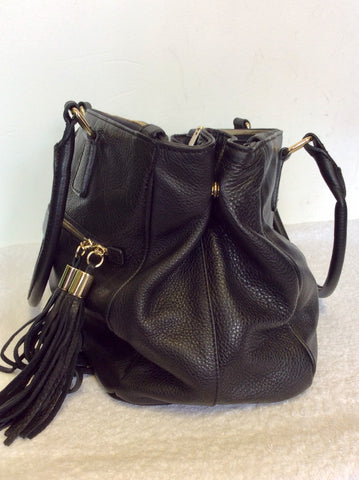 HOBBS BLACK LARGE LEATHER TASSEL TRIM SHOULDER BAG