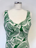 HOBBS GREEN & WHITE LEAF PRINT LINEN SLEEVELESS A LINE DRESS SIZE 12