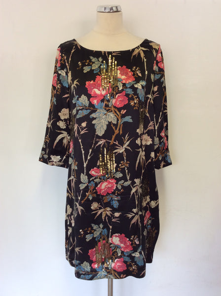 MONSOON BLACK FLORAL PRINT GOLD SEQUIN TRIM SHIFT DRESS SIZE 14