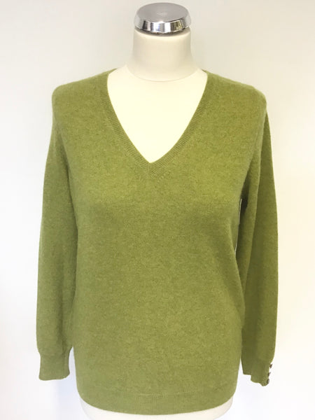 MARKS & SPENCER PURE CASHMERE LICHEN GREEN V NECKLINE LONG SLEEVE JUMPER SIZE 14