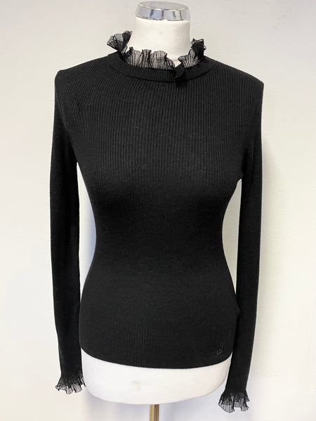 TED BAKER BLACK FRILL TRIM SKINNY RIB LONG SLEEVE JUMPER SIZE 1 UK 8/10