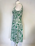 HOBBS GREEN & WHITE LEAF PRINT LINEN SLEEVELESS A LINE DRESS SIZE 12