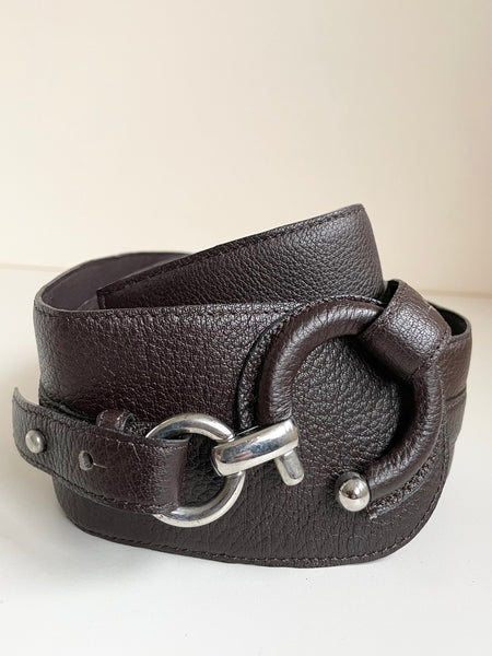 OPIKA DARK BROWN WIDE LEATHER WITH  SILVER RING FASTENING SIZE 90CMS UK L/XL