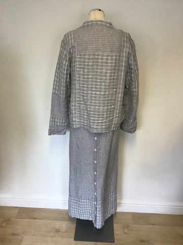 POETRY GREY & WHITE CHECK & STRIPED LINEN MAXI DRESS & MATCHING JACKET SIZE 16