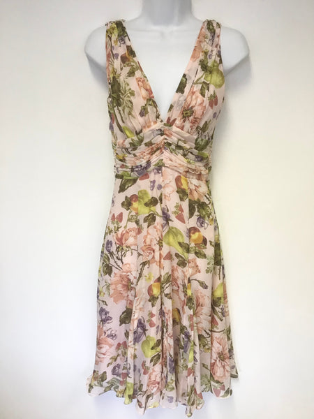 BRAND NEW KAREN MILLEN PEACH FLORAL PRINT SILK FIT & FLARE DRESS SIZE 8