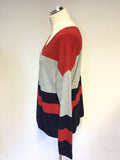 OUI RED, GREY & NAVY STRIPE V NECK JUMPER SIZE 14