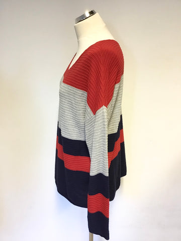 OUI RED, GREY & NAVY STRIPE V NECK JUMPER SIZE 14